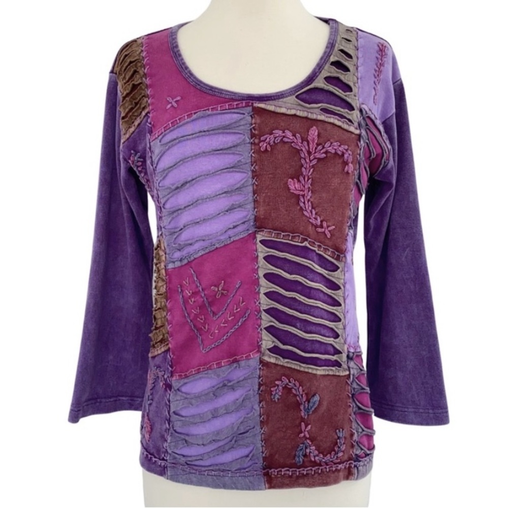 Vintage Rising International Embroidered Mixed Textures Purple Top Medium - Picture 15 of 15